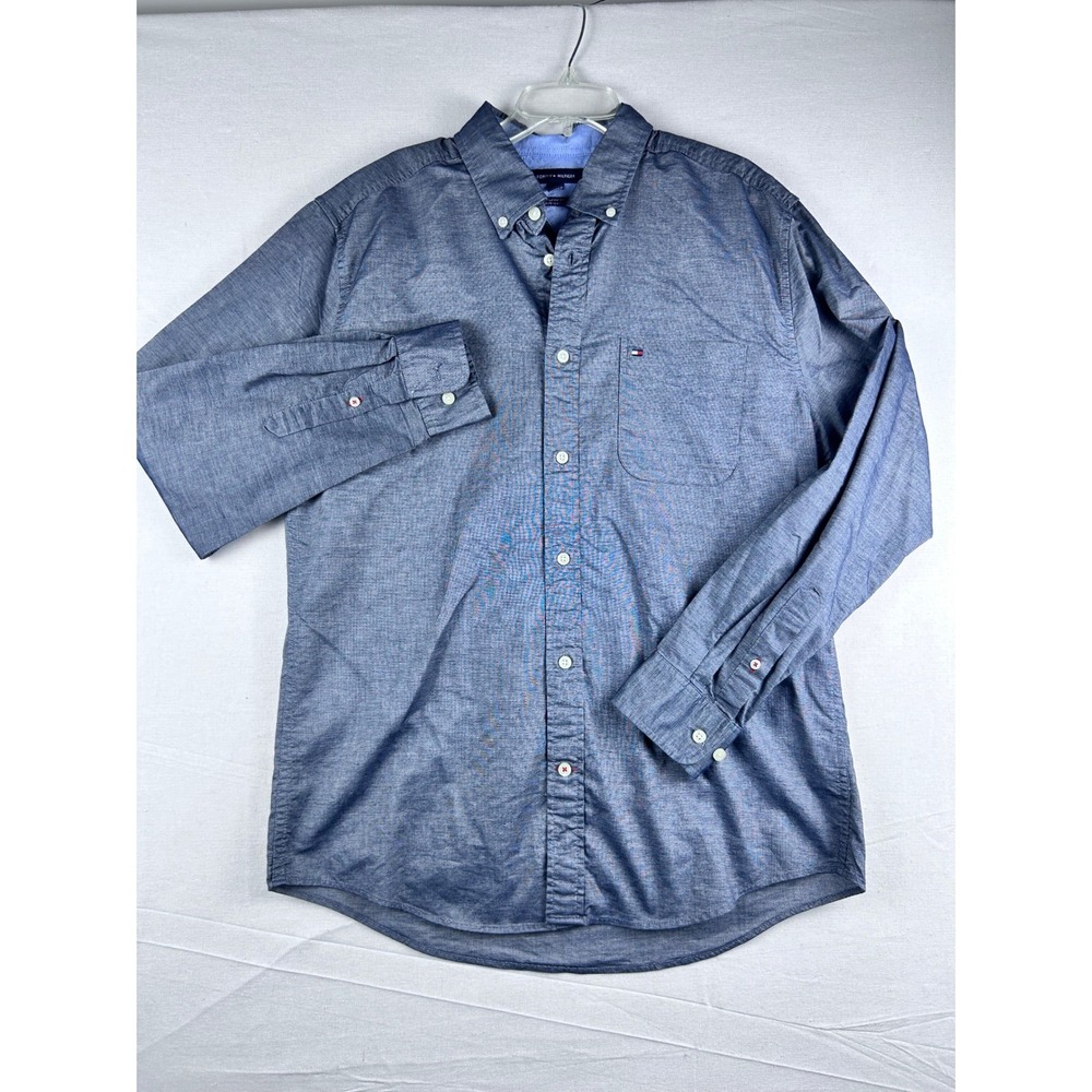 Tommy Hilfiger‎ Mens Classic Fit Button Down Shirt Blue Micro Pattern Medium